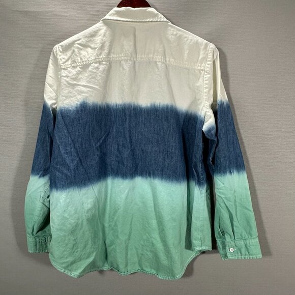 Chicos Blouse Womens Large Blue Green White Cotton Gradient Dye Button Up Shirt - Picture 7 of 7